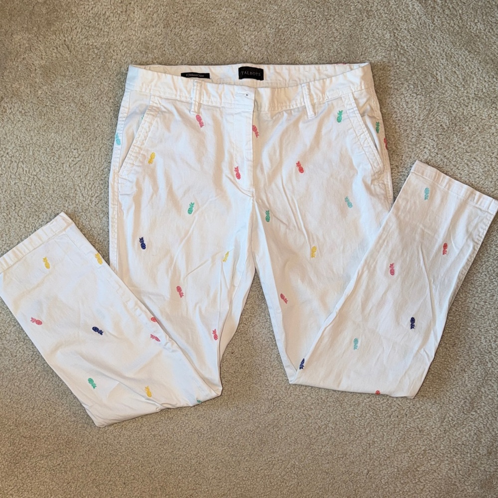 Talbots White Chinos Embroidered with Multicolor Pineapples